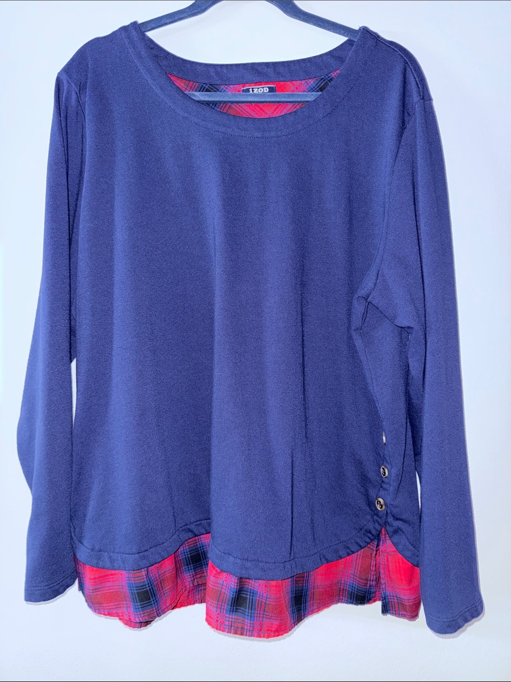 Izod Navy Crewneck Sweater with Red Plaid Trim